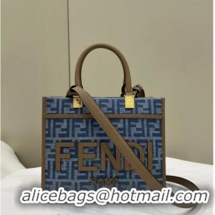 Modern Cheap Fendi Sunshine Small Tote Bag in 4098 Light Blue FF Denim Fabric 2024