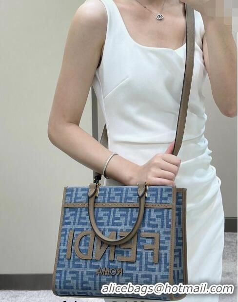 Modern Cheap Fendi Sunshine Small Tote Bag in 4098 Light Blue FF Denim Fabric 2024