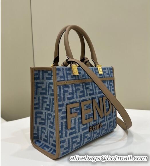 Modern Cheap Fendi Sunshine Small Tote Bag in 4098 Light Blue FF Denim Fabric 2024