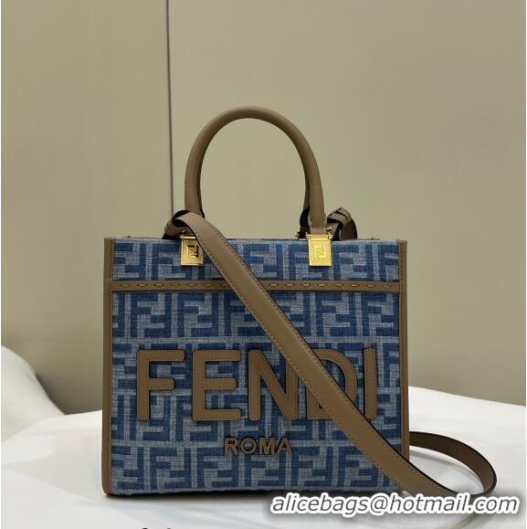 Modern Cheap Fendi Sunshine Small Tote Bag in 4098 Light Blue FF Denim Fabric 2024