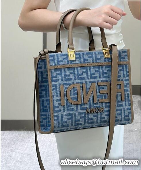 Modern Cheap Fendi Sunshine Small Tote Bag in 4098 Light Blue FF Denim Fabric 2024