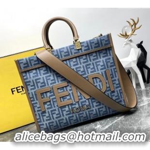 Fashion Luxury Fendi Sunshine Medium Tote bag in 4099 Light Blue FF Denim Fabric 2024