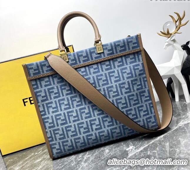 Fashion Luxury Fendi Sunshine Medium Tote bag in 4099 Light Blue FF Denim Fabric 2024