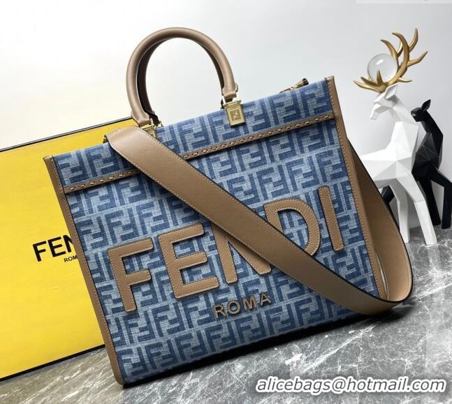 Fashion Luxury Fendi Sunshine Medium Tote bag in 4099 Light Blue FF Denim Fabric 2024