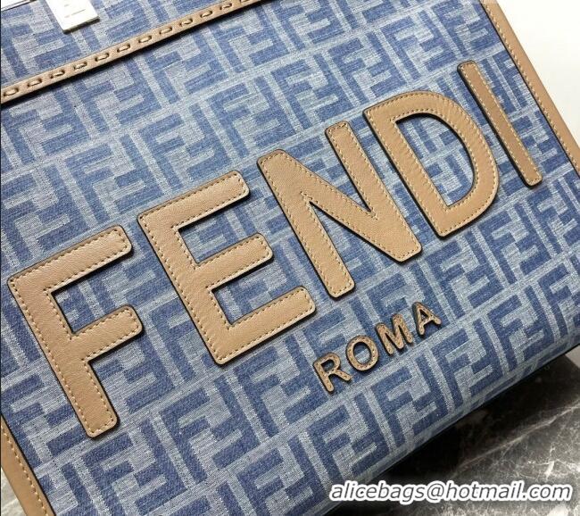 Fashion Luxury Fendi Sunshine Medium Tote bag in 4099 Light Blue FF Denim Fabric 2024