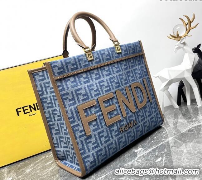 Fashion Luxury Fendi Sunshine Medium Tote bag in 4099 Light Blue FF Denim Fabric 2024