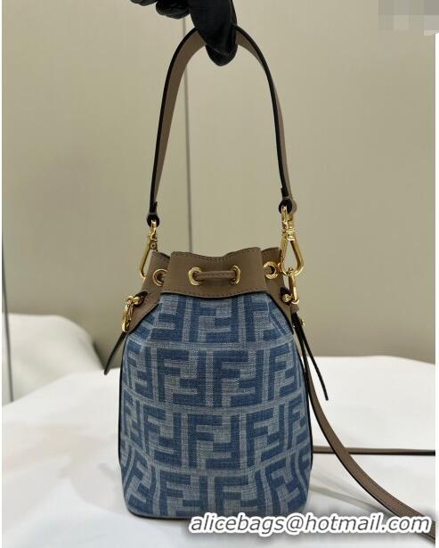 Discount Fendi Mon Tresor Mini Bucket bag in 4101 Light Blue FF Denim Fabric 2024