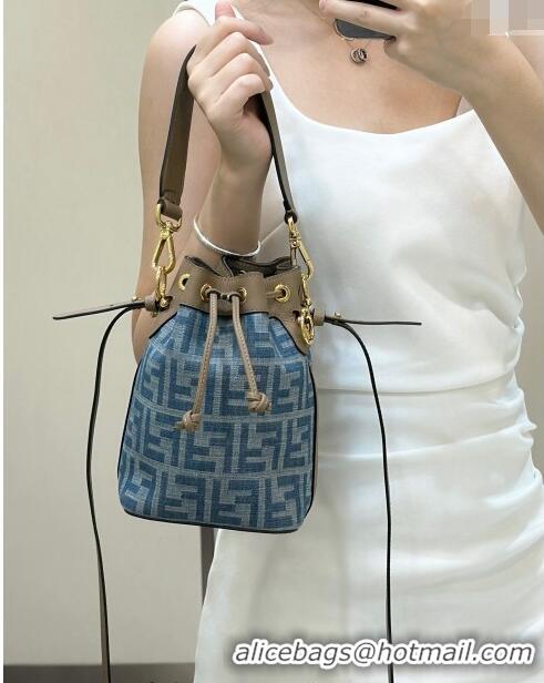 Discount Fendi Mon Tresor Mini Bucket bag in 4101 Light Blue FF Denim Fabric 2024