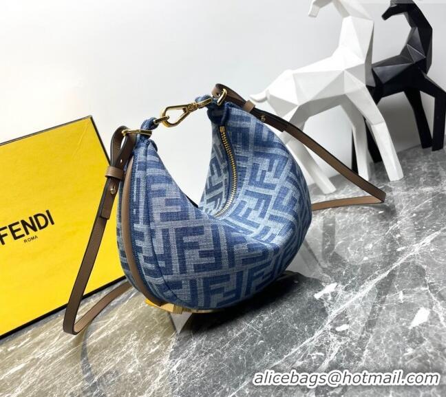 Buy Luxury Fendi Fendigraphy Mini Hobo bag in 4102 Light Blue FF Denim Fabric 2024