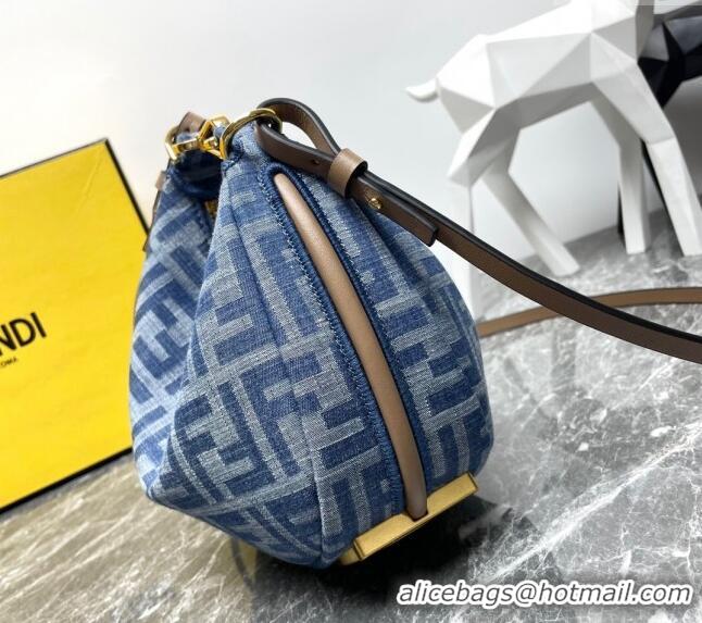 Buy Luxury Fendi Fendigraphy Mini Hobo bag in 4102 Light Blue FF Denim Fabric 2024