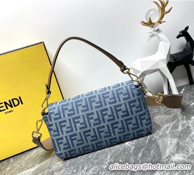 Luxury Classic Fendi Baguette Medium bag in 4105 Light Blue FF Denim Fabric 2024