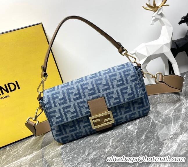 Luxury Classic Fendi Baguette Medium bag in 4105 Light Blue FF Denim Fabric 2024