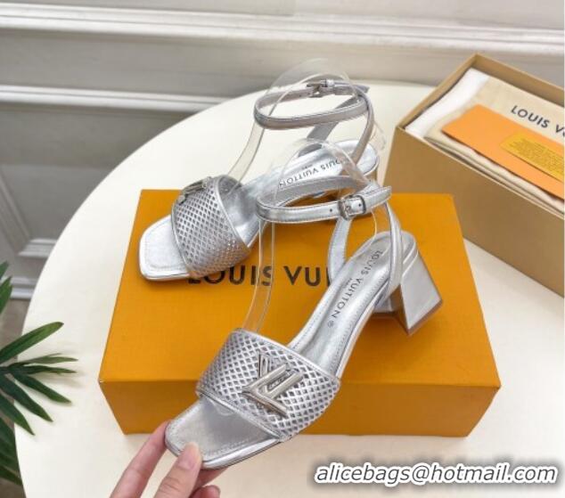 Popular Style Louis Vuitton Shake Heel Sandals 5.5cm in Perforated Calf Leather Silver 703102