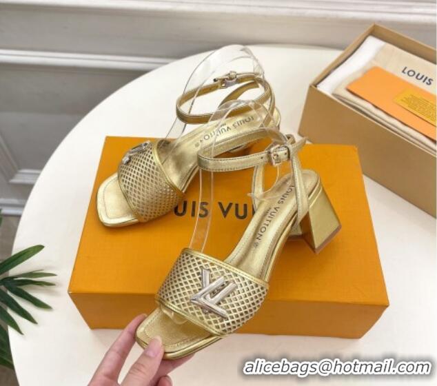 Shop Duplicate Louis Vuitton Shake Heel Sandals 5.5cm in Perforated Calf Leather Gold 703103