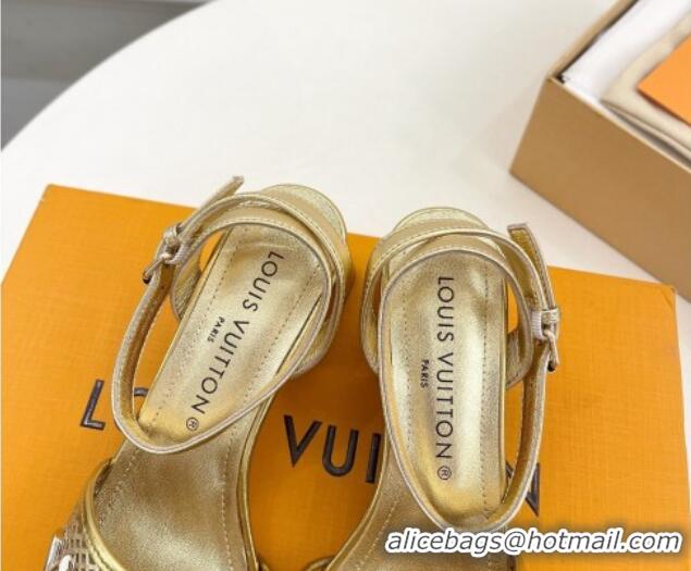 Shop Duplicate Louis Vuitton Shake Heel Sandals 5.5cm in Perforated Calf Leather Gold 703103