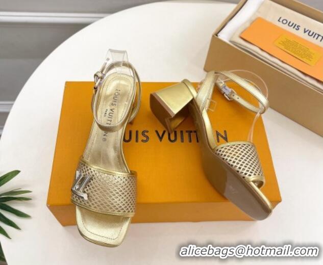 Shop Duplicate Louis Vuitton Shake Heel Sandals 5.5cm in Perforated Calf Leather Gold 703103