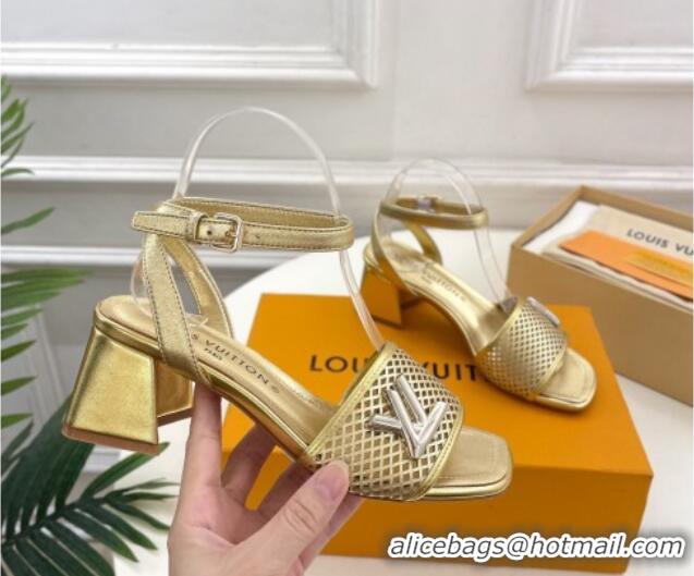 Shop Duplicate Louis Vuitton Shake Heel Sandals 5.5cm in Perforated Calf Leather Gold 703103