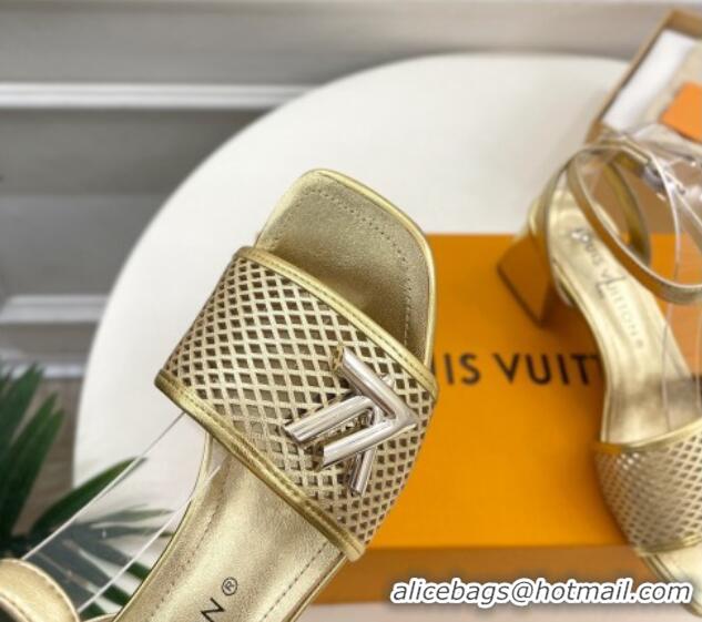 Shop Duplicate Louis Vuitton Shake Heel Sandals 5.5cm in Perforated Calf Leather Gold 703103