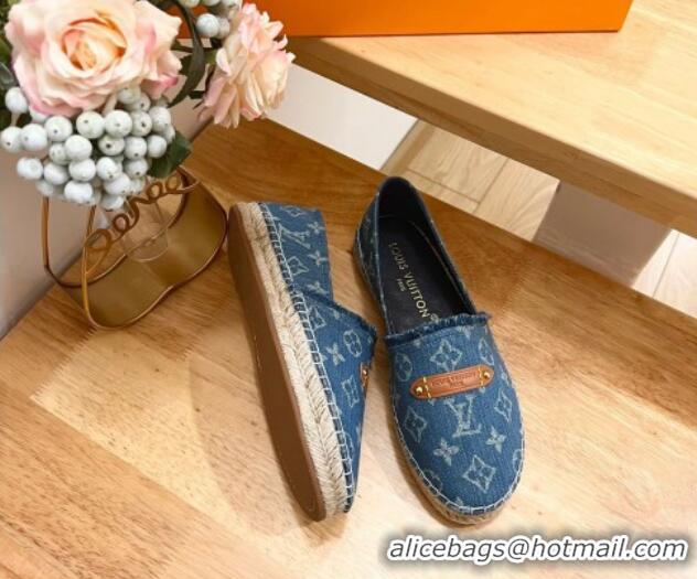 Top Grade Louis Vuitton Helios Espadrilles Flat in Monogram Denim with Fringe Blue 703107