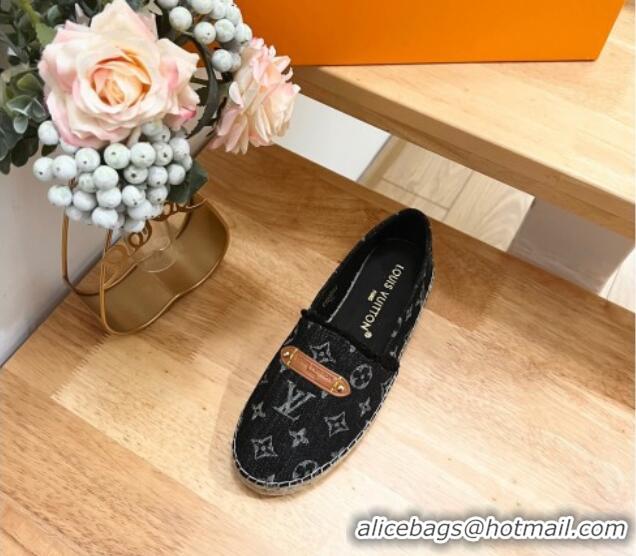 Good Product Louis Vuitton Helios Espadrilles Flat in Monogram Denim with Fringe Black 703108