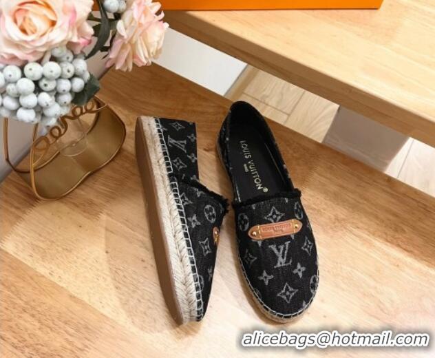 Good Product Louis Vuitton Helios Espadrilles Flat in Monogram Denim with Fringe Black 703108