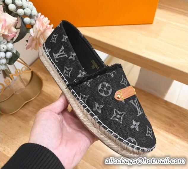 Good Product Louis Vuitton Helios Espadrilles Flat in Monogram Denim with Fringe Black 703108