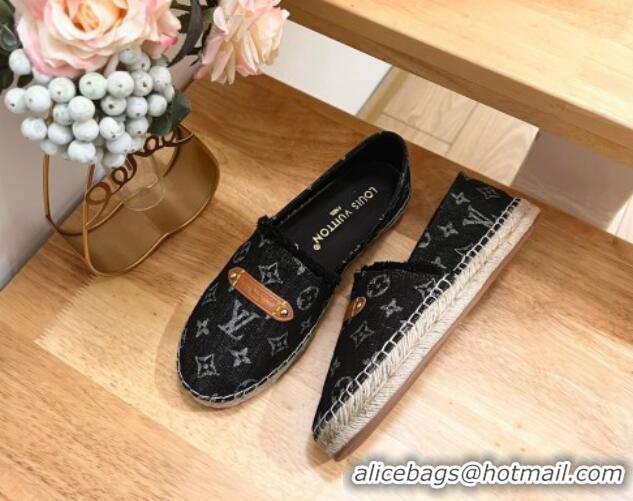 Good Product Louis Vuitton Helios Espadrilles Flat in Monogram Denim with Fringe Black 703108