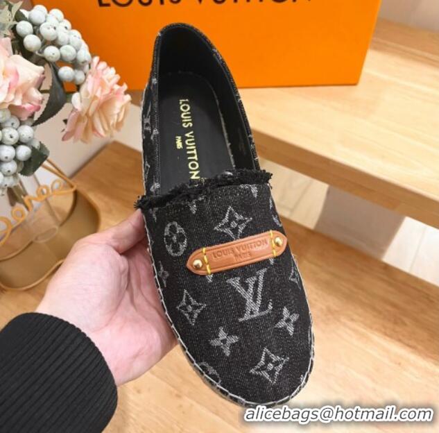 Good Product Louis Vuitton Helios Espadrilles Flat in Monogram Denim with Fringe Black 703108