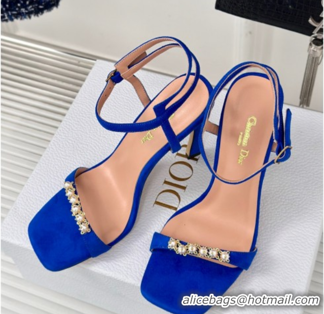 Good Looking Dior Suede High Heel Sandals 10cm with Pearls Blue 604001