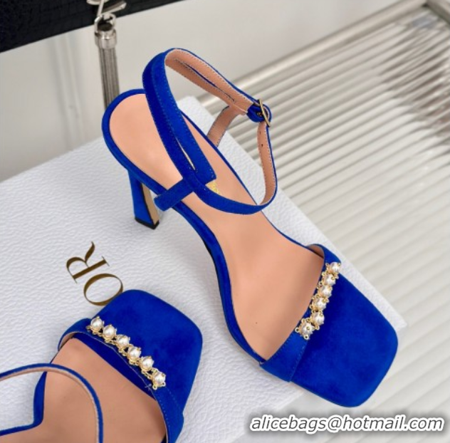 Good Looking Dior Suede High Heel Sandals 10cm with Pearls Blue 604001