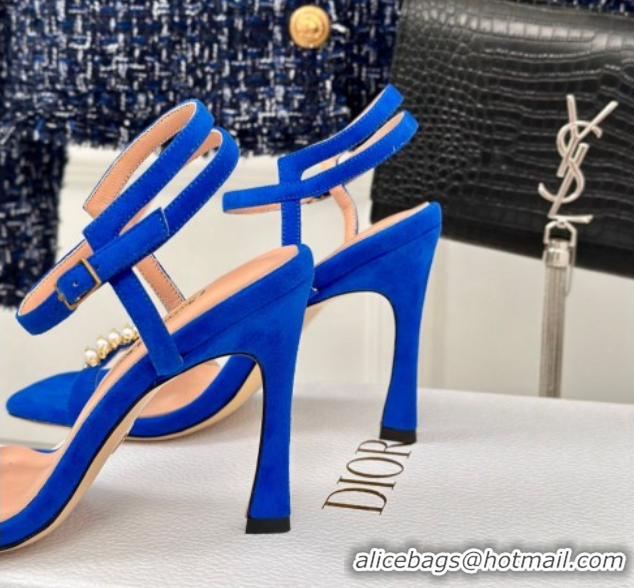 Good Looking Dior Suede High Heel Sandals 10cm with Pearls Blue 604001