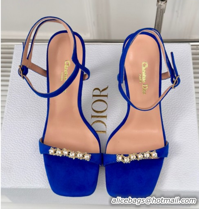 Good Looking Dior Suede High Heel Sandals 10cm with Pearls Blue 604001