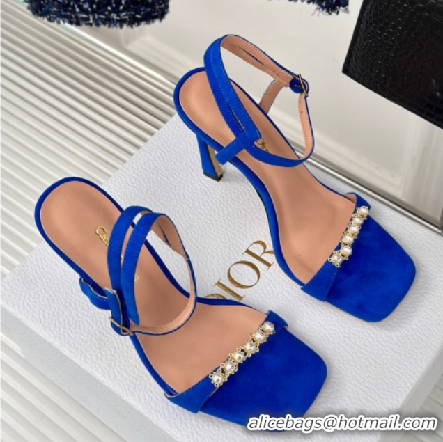 Good Looking Dior Suede High Heel Sandals 10cm with Pearls Blue 604001