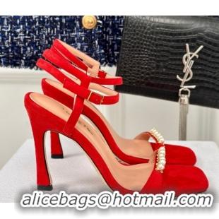 Hot Style Dior Suede High Heel Sandals 10cm with Pearls Red 604002