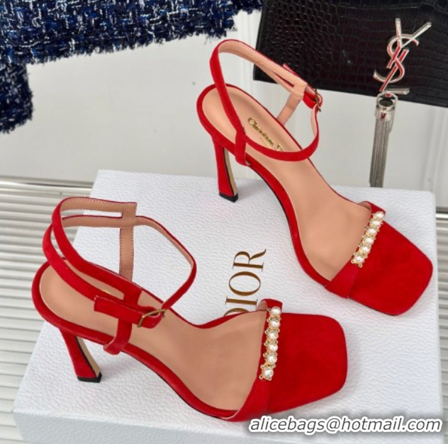 Hot Style Dior Suede High Heel Sandals 10cm with Pearls Red 604002