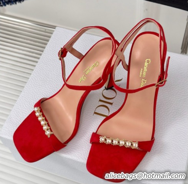 Hot Style Dior Suede High Heel Sandals 10cm with Pearls Red 604002