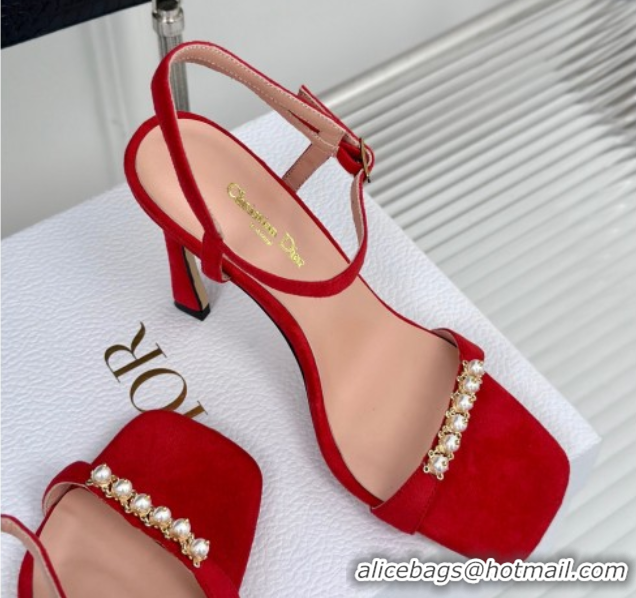 Hot Style Dior Suede High Heel Sandals 10cm with Pearls Red 604002