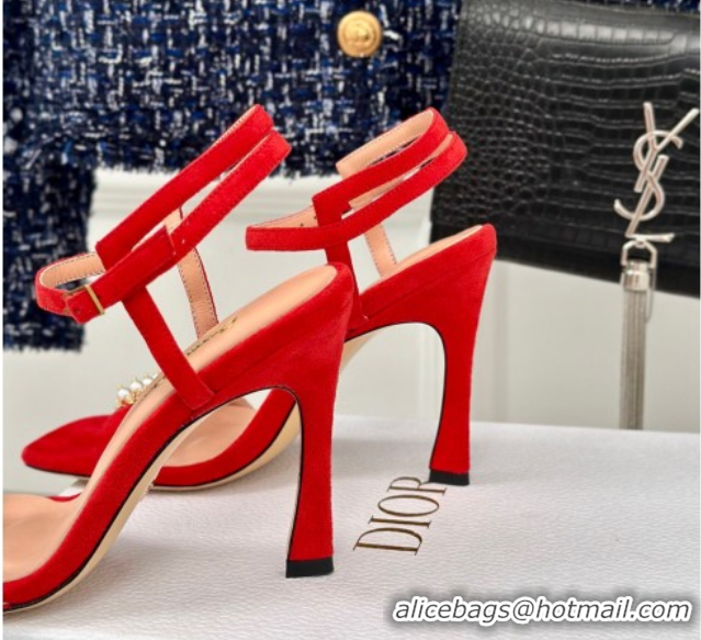 Hot Style Dior Suede High Heel Sandals 10cm with Pearls Red 604002