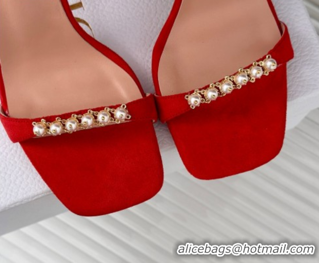 Hot Style Dior Suede High Heel Sandals 10cm with Pearls Red 604002