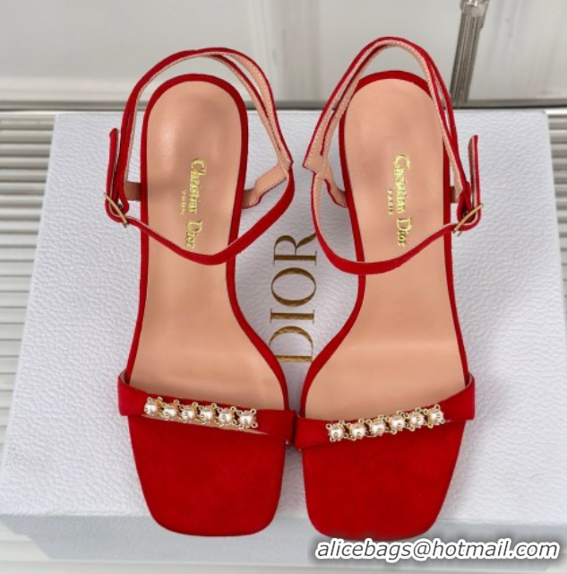 Hot Style Dior Suede High Heel Sandals 10cm with Pearls Red 604002