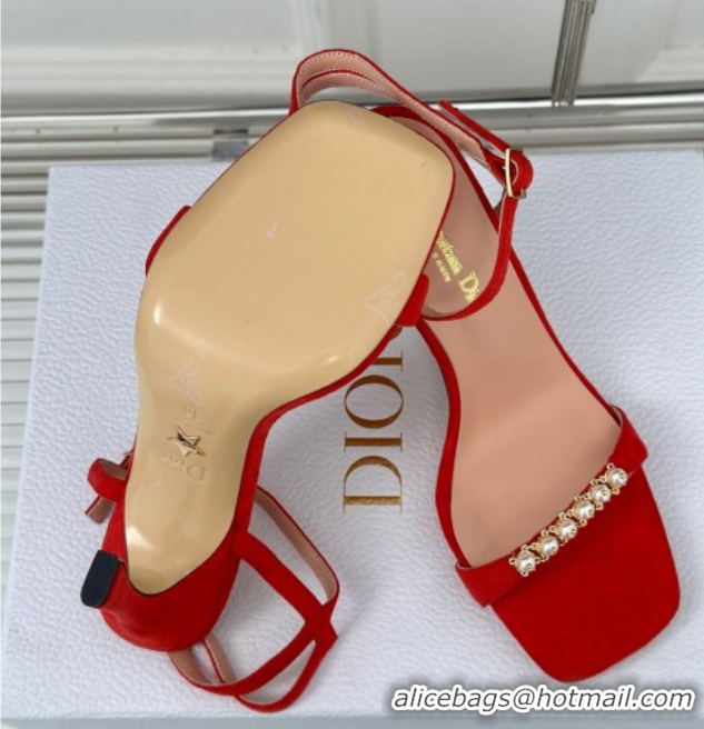 Hot Style Dior Suede High Heel Sandals 10cm with Pearls Red 604002