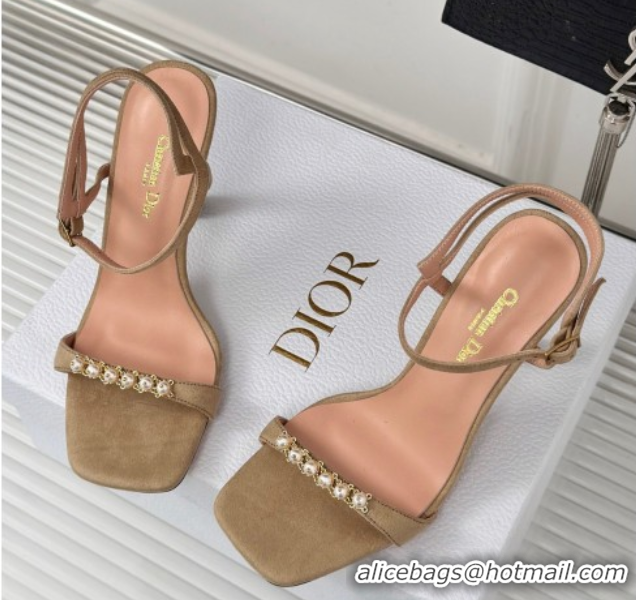 Stylish Dior Suede High Heel Sandals 10cm with Pearls Beige 604003