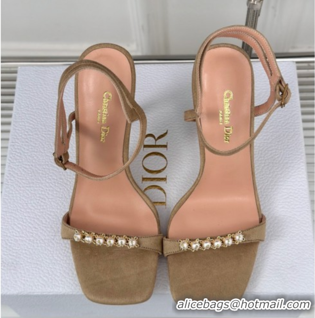 Stylish Dior Suede High Heel Sandals 10cm with Pearls Beige 604003