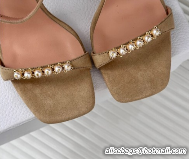 Stylish Dior Suede High Heel Sandals 10cm with Pearls Beige 604003