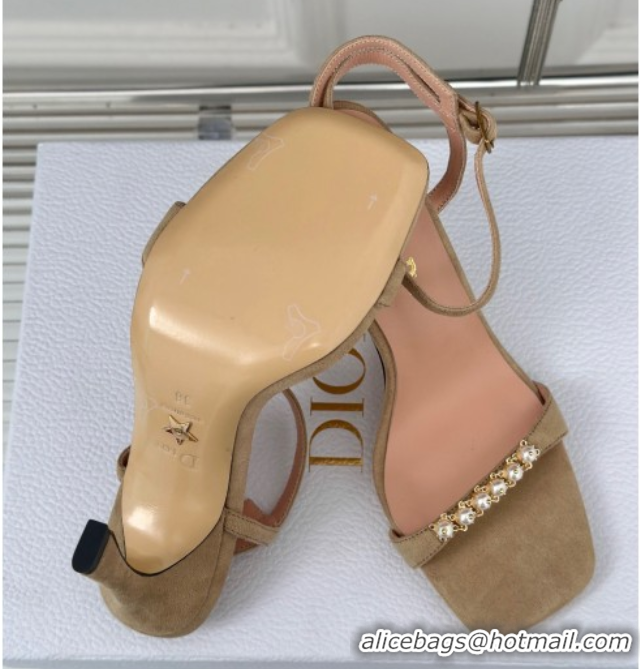 Stylish Dior Suede High Heel Sandals 10cm with Pearls Beige 604003