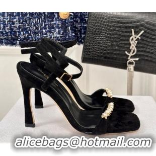 Most Popular Dior Suede High Heel Sandals 10cm with Pearls Black 604004