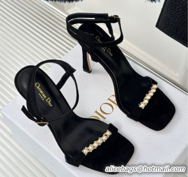 Most Popular Dior Suede High Heel Sandals 10cm with Pearls Black 604004