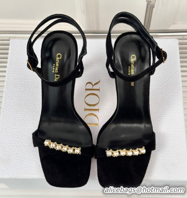 Most Popular Dior Suede High Heel Sandals 10cm with Pearls Black 604004