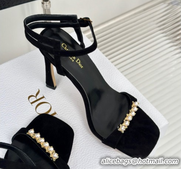 Most Popular Dior Suede High Heel Sandals 10cm with Pearls Black 604004