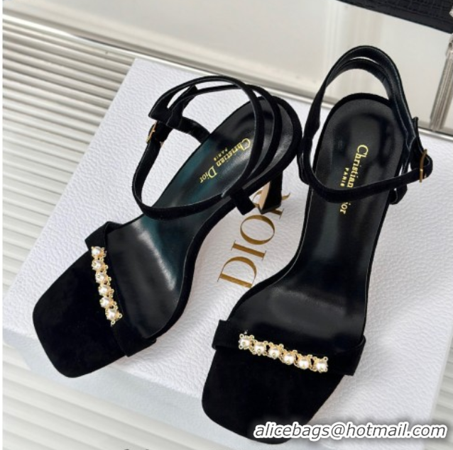 Most Popular Dior Suede High Heel Sandals 10cm with Pearls Black 604004